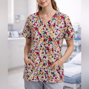 Crest Cotton Floral Scrub Top Cottage Garden Nurse Medical Office Spring Vtg L